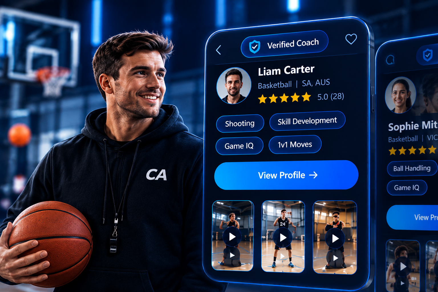 Coach discovery screen showing Liam Carter's coach profile